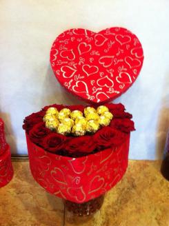 Boxed Heart Roses and Ferrero