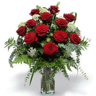 Red Roses with Green & Vase