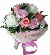 4 Peach roses, 4 white roses, 4 pink carnations, gypsophila bouquet
