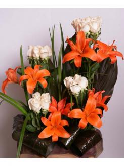 Nature Bloom White Roses with Orange Lilies